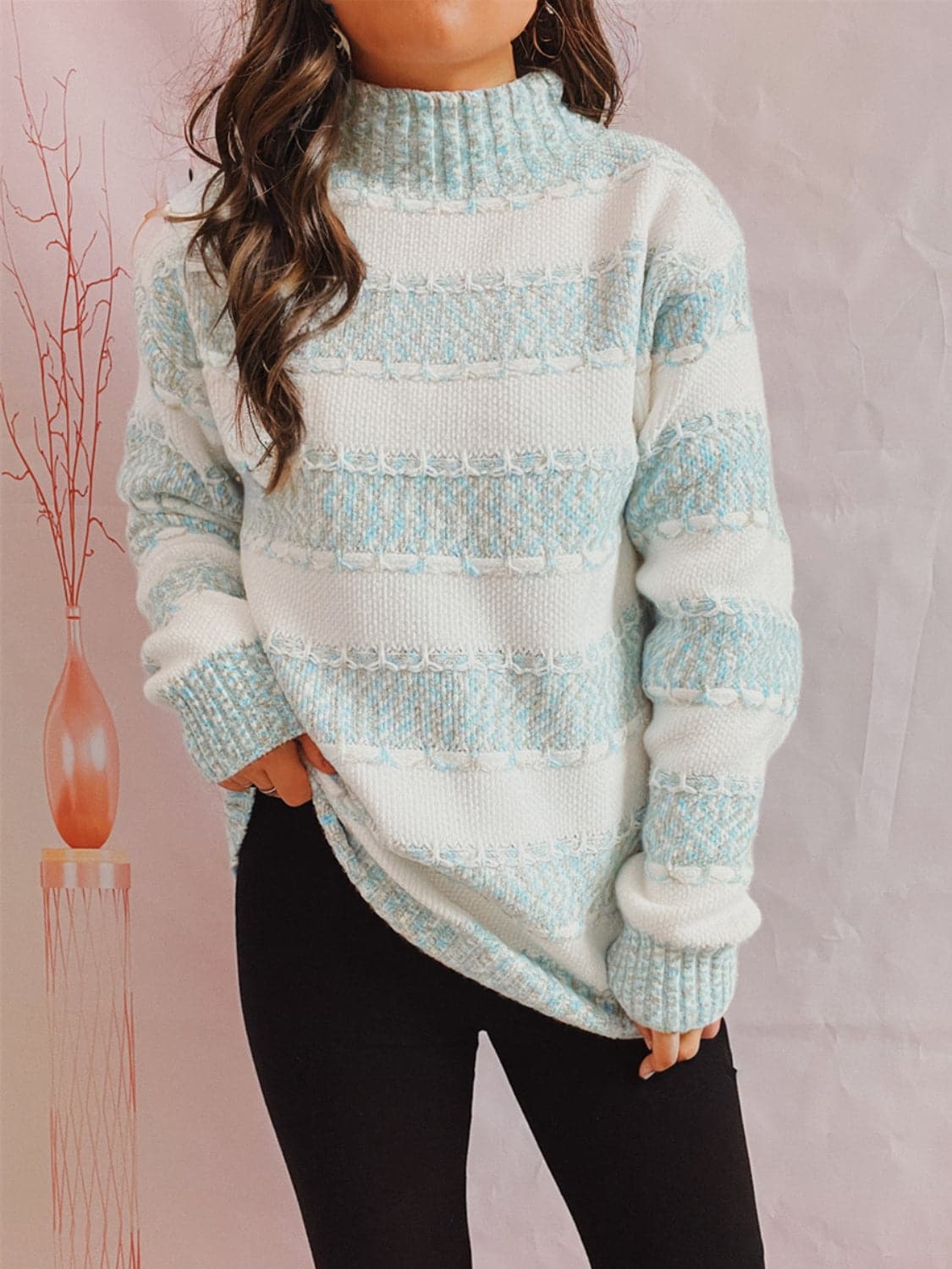 Striped Turtleneck Long Sleeve Sweater.