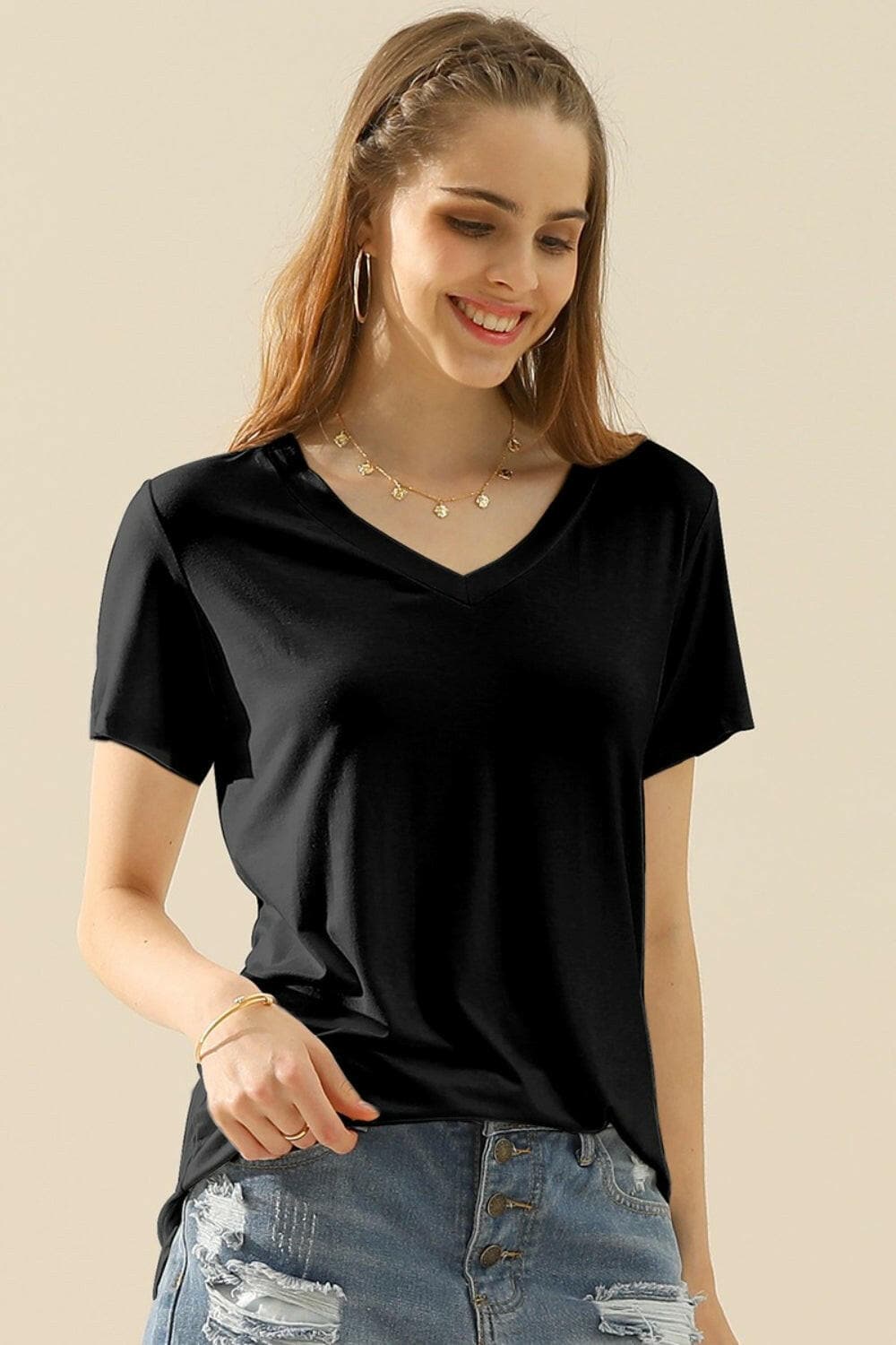 Ninexis Full Size V-Neck Short Sleeve T-Shirt.