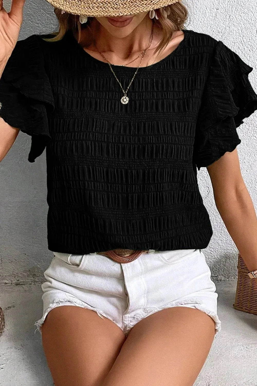 Round Neck Ruffled Layered Short Sleeve Blouse Simply Love