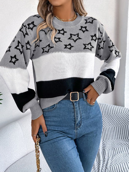 Star Contrast Round Neck Sweater.