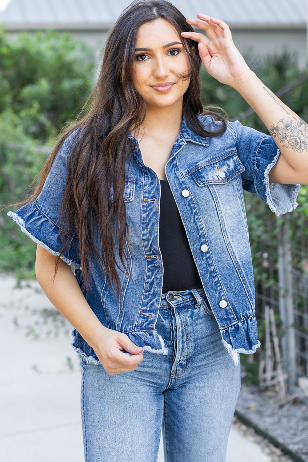 Peacock blue ruffled denim jacket