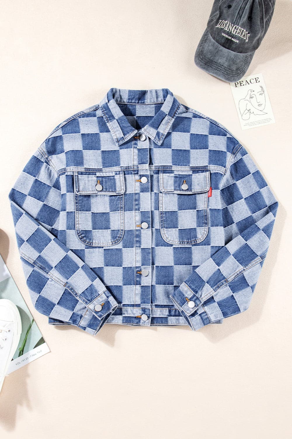 Checkered Button Up Long Sleeve Denim Jacket.