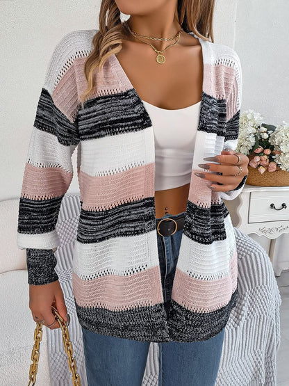 Openwork Striped Open Front Cardigan.