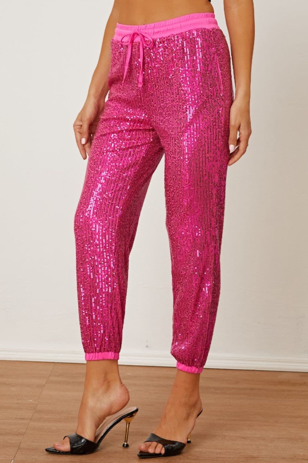 Sequin-Embellished Drawstring Trousers with Pockets