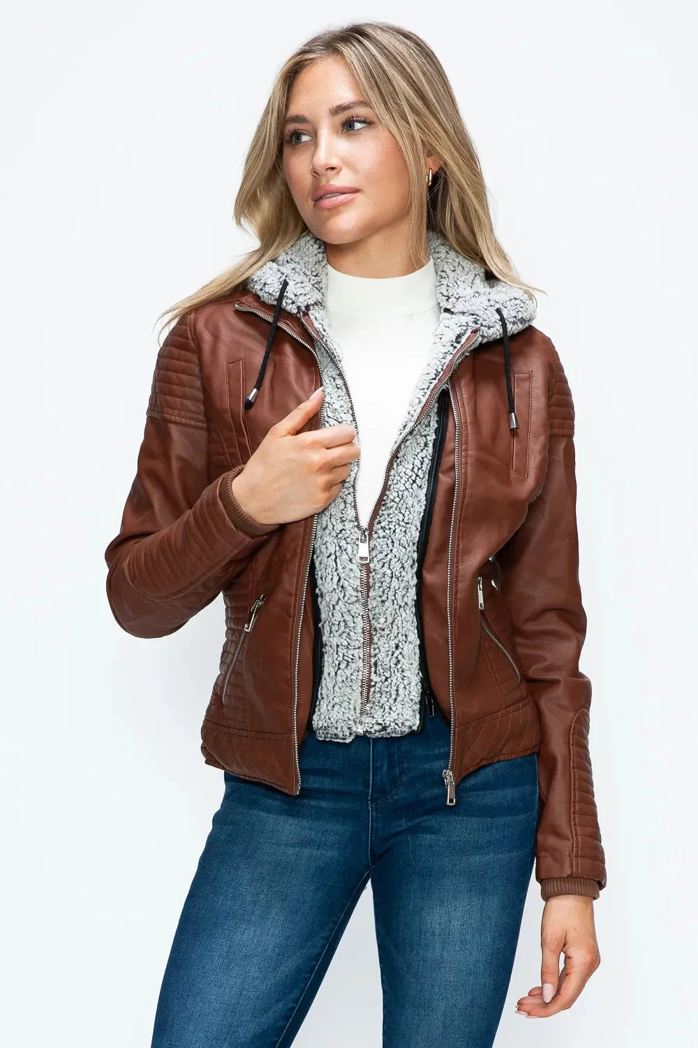 YMI Faux Layered Double-Zipper Jacket with Fuzzy Hood Coco’s Tee Boutique