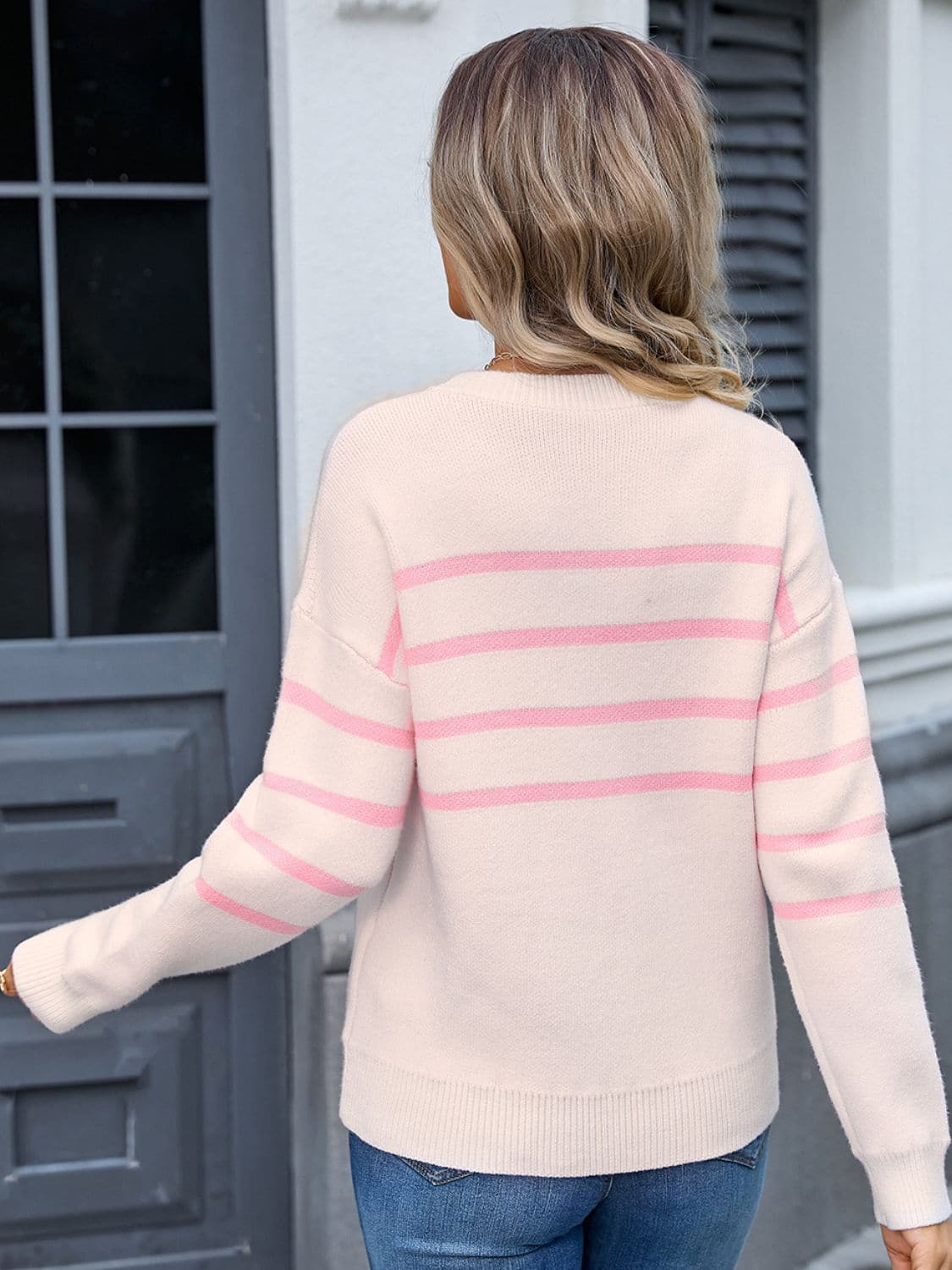 Striped Round Neck Long Sleeve Sweater.