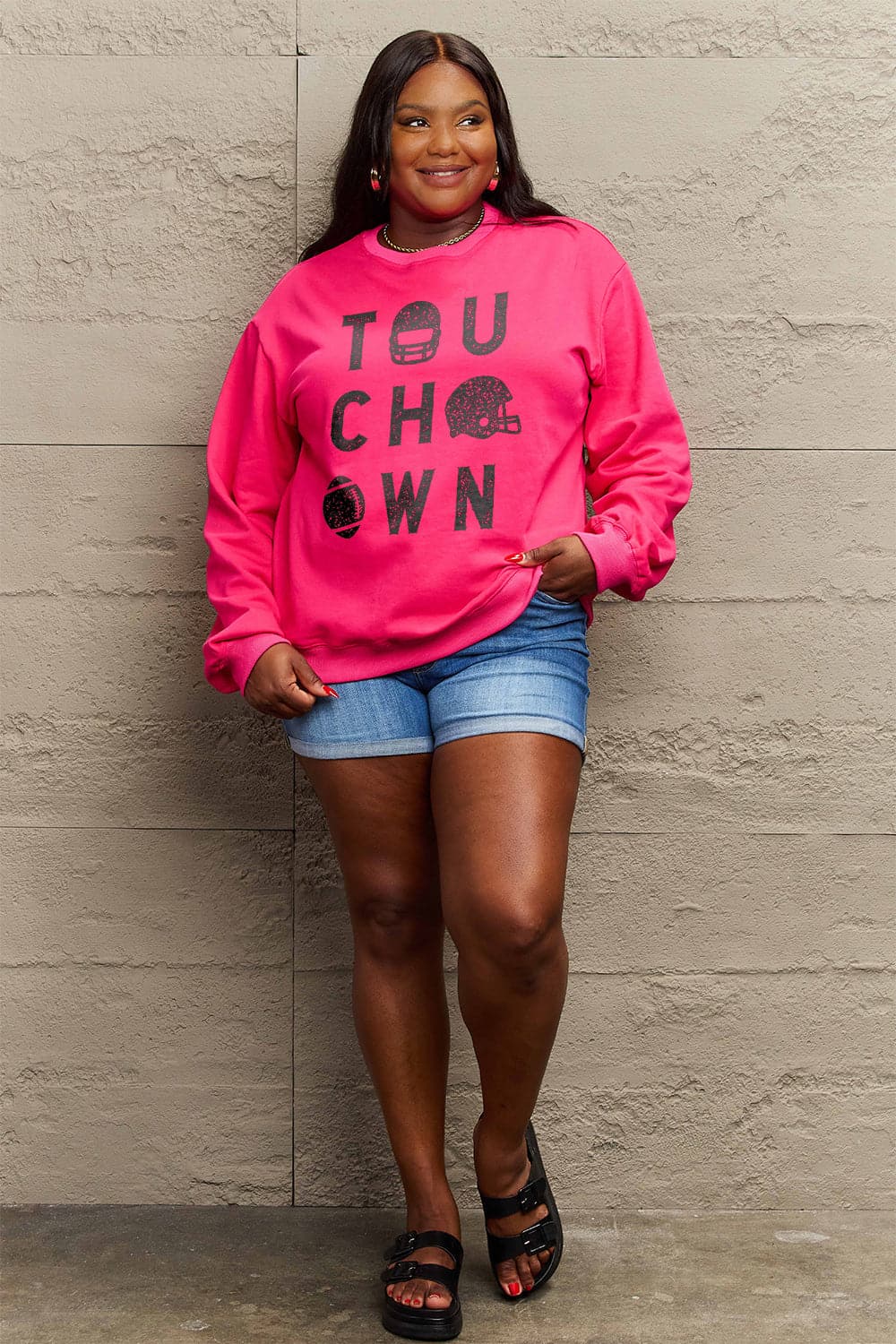 Simply Love Full Size TOUCHDOWN Long Sleeve Sweatshirt.