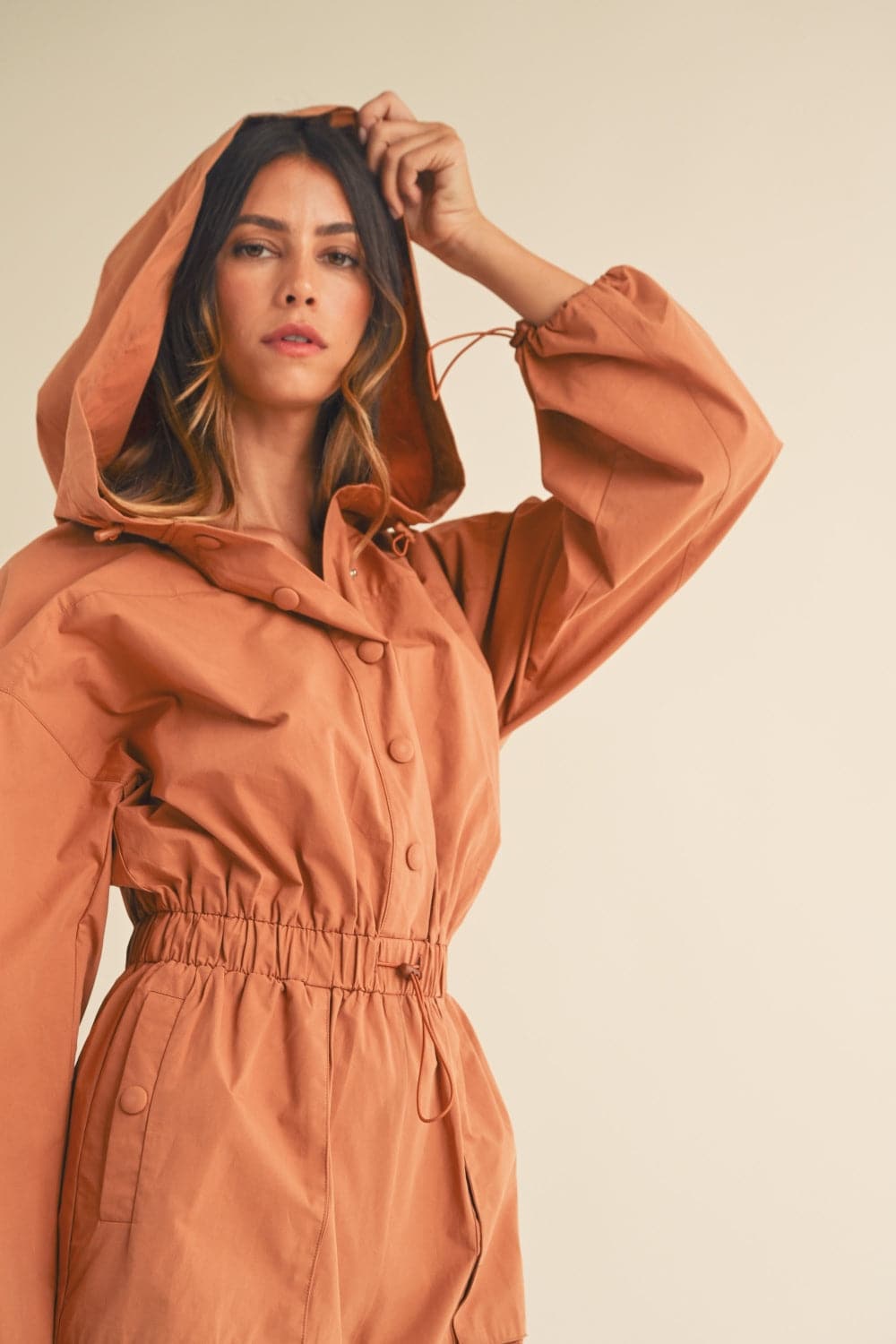 Cozy chic snap-down hooded romper