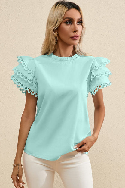 Ruffled Eyelet Round Neck Cap Sleeve Blouse.