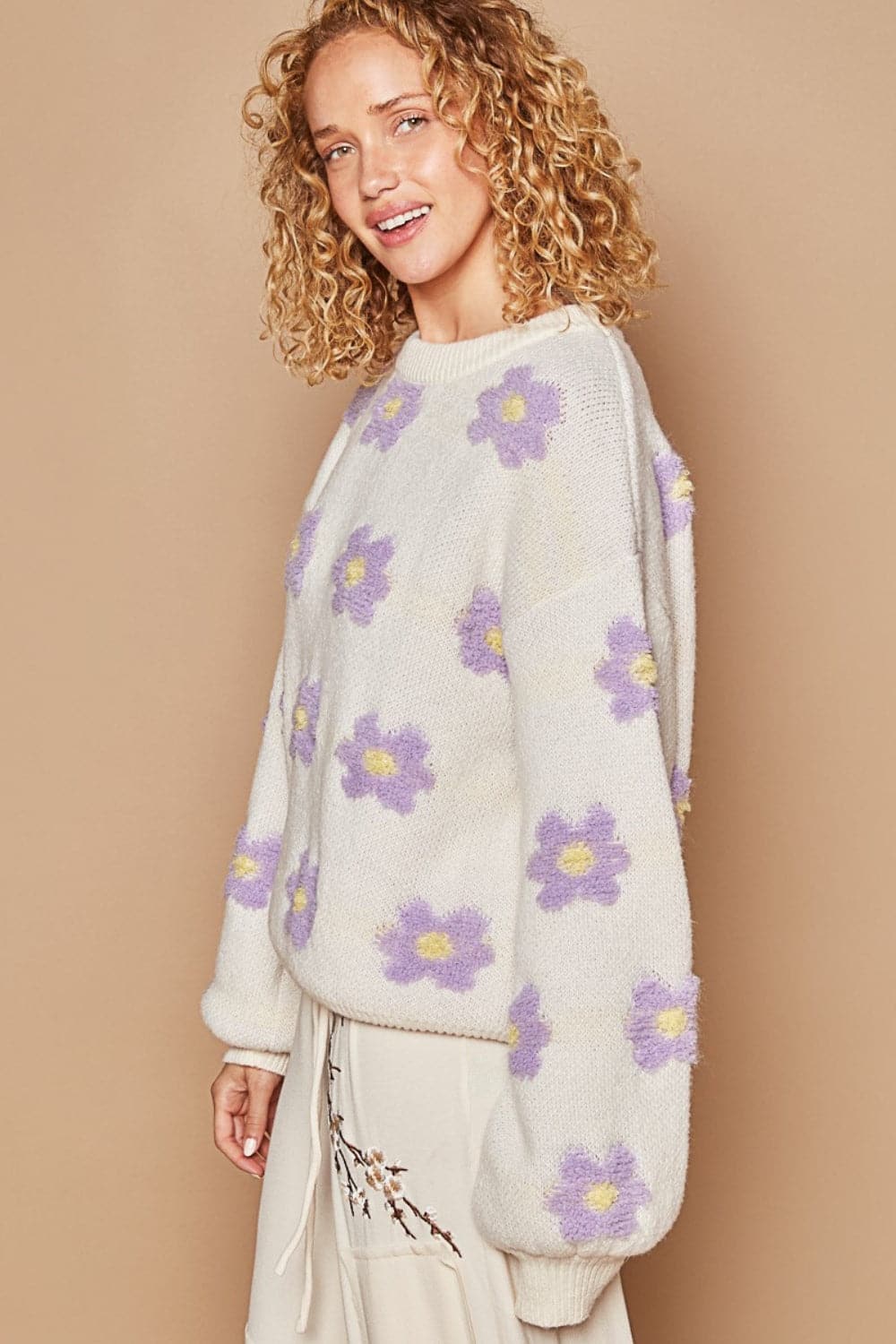 POL Daisy Pattern Drop Shoulder Sweater.