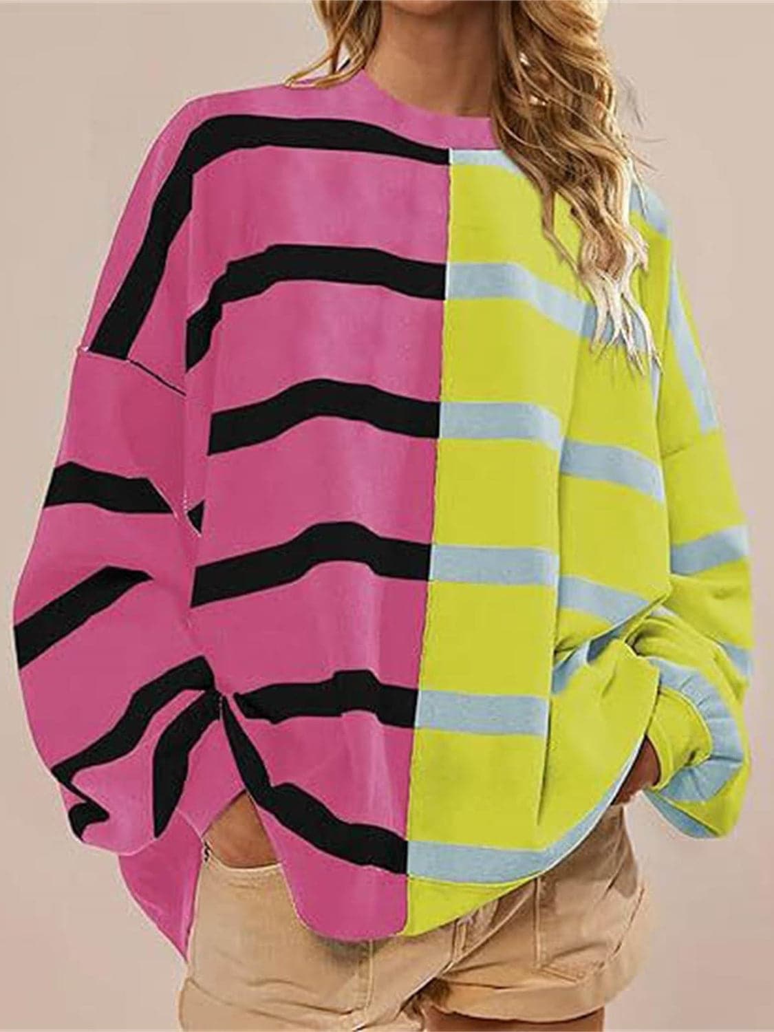 Striped Round Neck Long Sleeve Sweater.