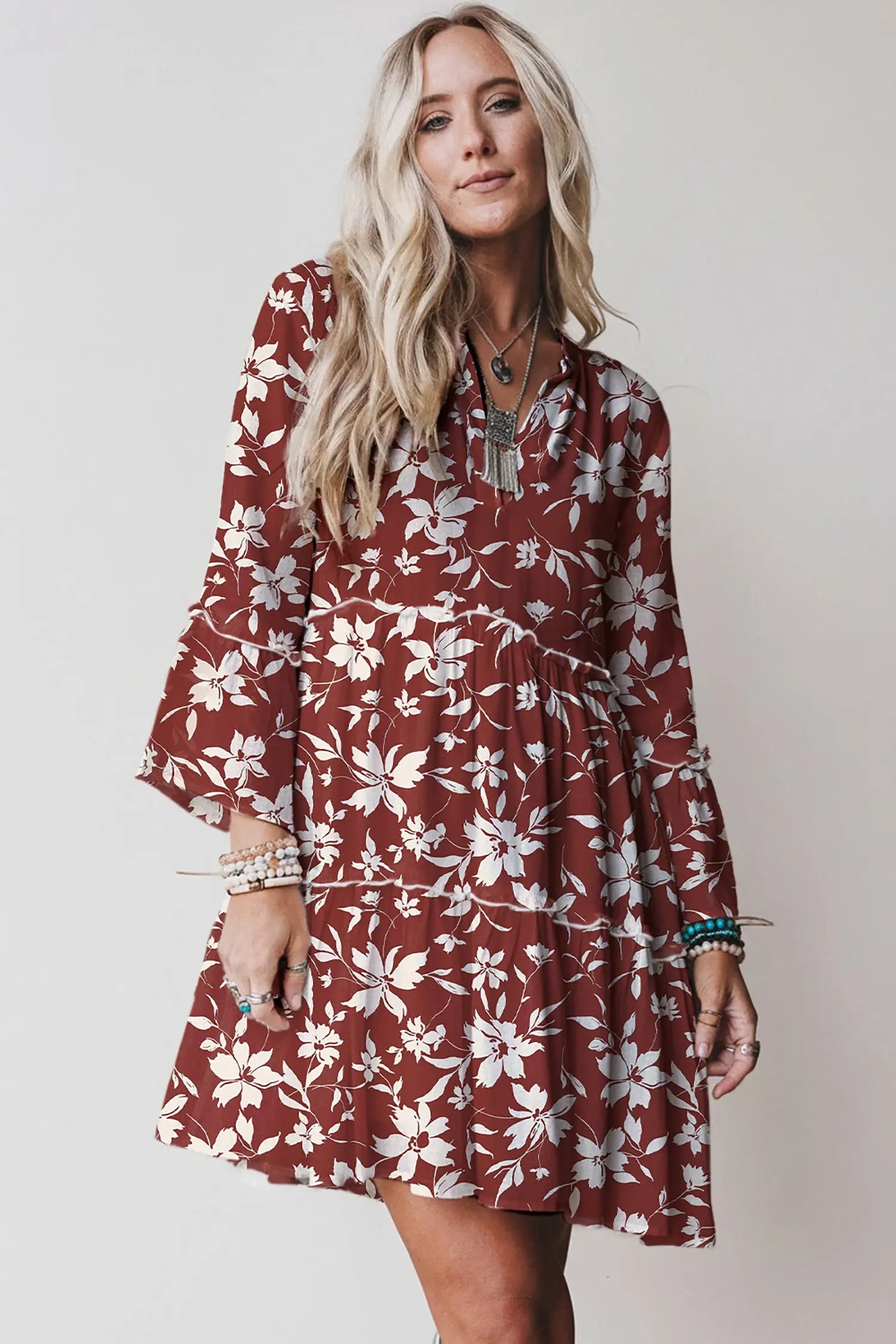 Red Boho Floral Print Lettuce Trim Mini Dress With Three Quarter Sleeves Dear-Lover Dropshipping