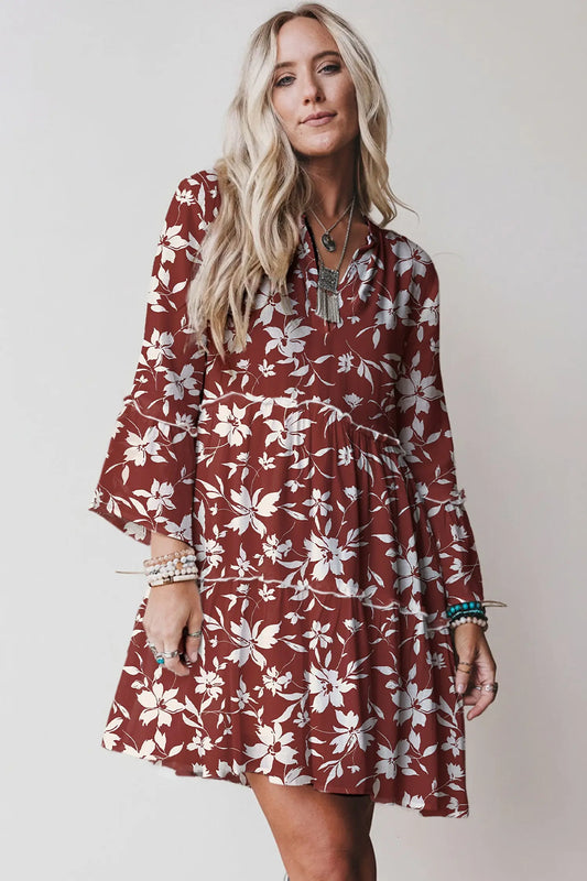 Red Boho Floral Print Lettuce Trim Mini Dress With Three Quarter Sleeves Dear-Lover Dropshipping
