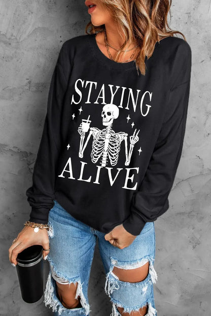 Skull print cozy long sleeve sweatshirt