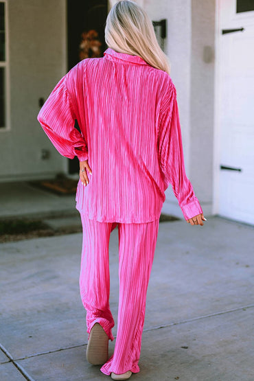 Pleated Button Up Shirt and Wide-Leg Pants Set.