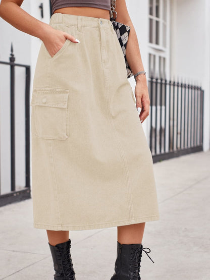 Slit Buttoned Denim Skirt with Pockets.