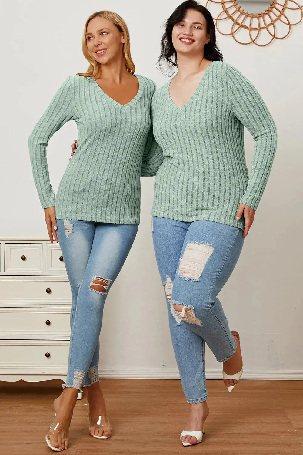 Basic Bae Full Size Ribbed V-Neck Long Sleeve T-Shirt - Love Salve