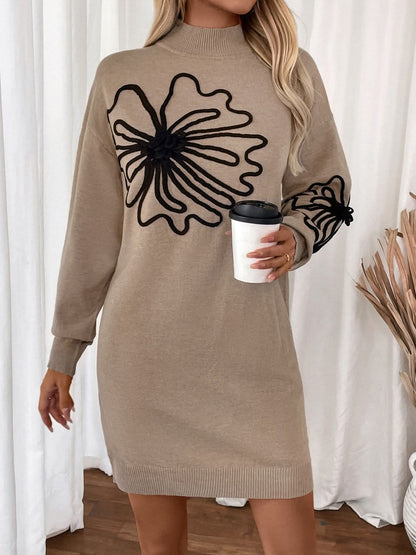 Floral Mock Neck Long Sleeve Sweater Dress by Perfee