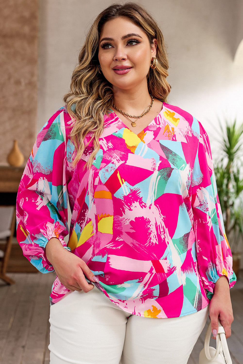 Vibrant pink plus size graffiti print blouse with split neck and puff sleeves