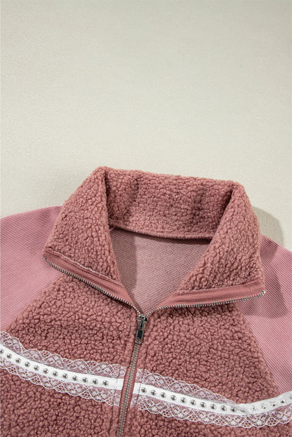 Cozy rose pink sherpa jacket with lace detailing and zip-up style