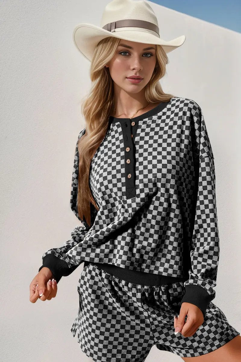 Double Take Checkered Half Button Top and Shorts Set - Love Salve