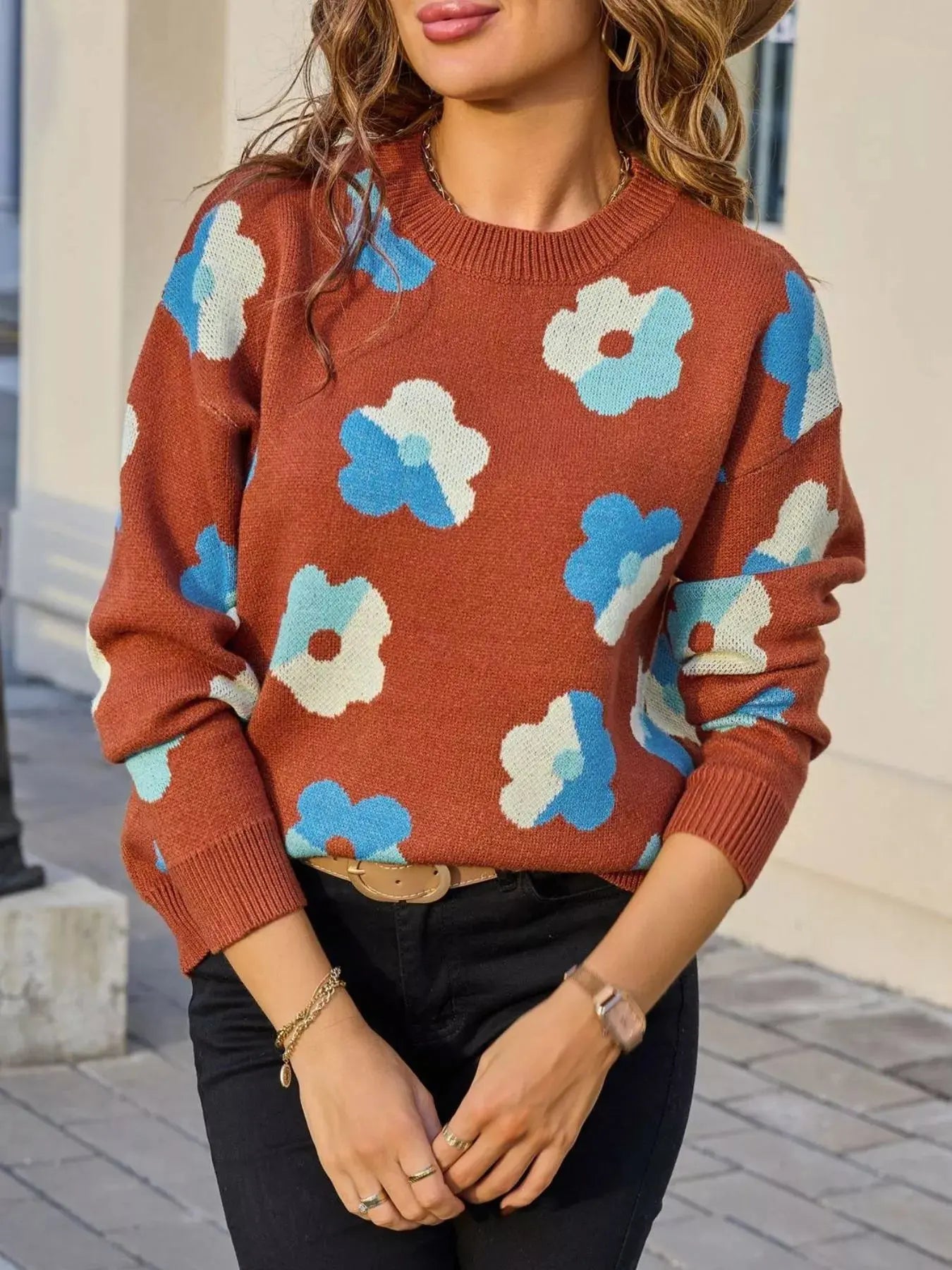 Floral Crew Neck Long Sleeve Sweater Simply Love