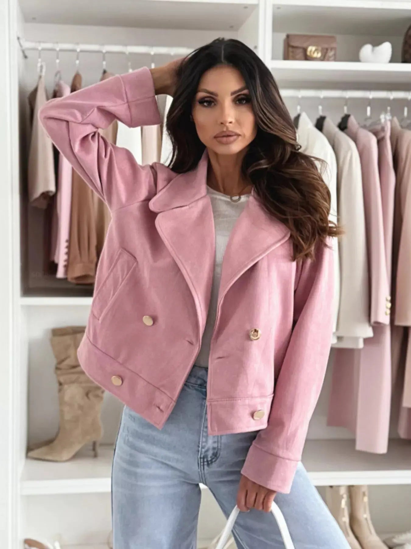 Beige Polyester Double Breasted Lapel Collar Jacket With Pockets Simply Love