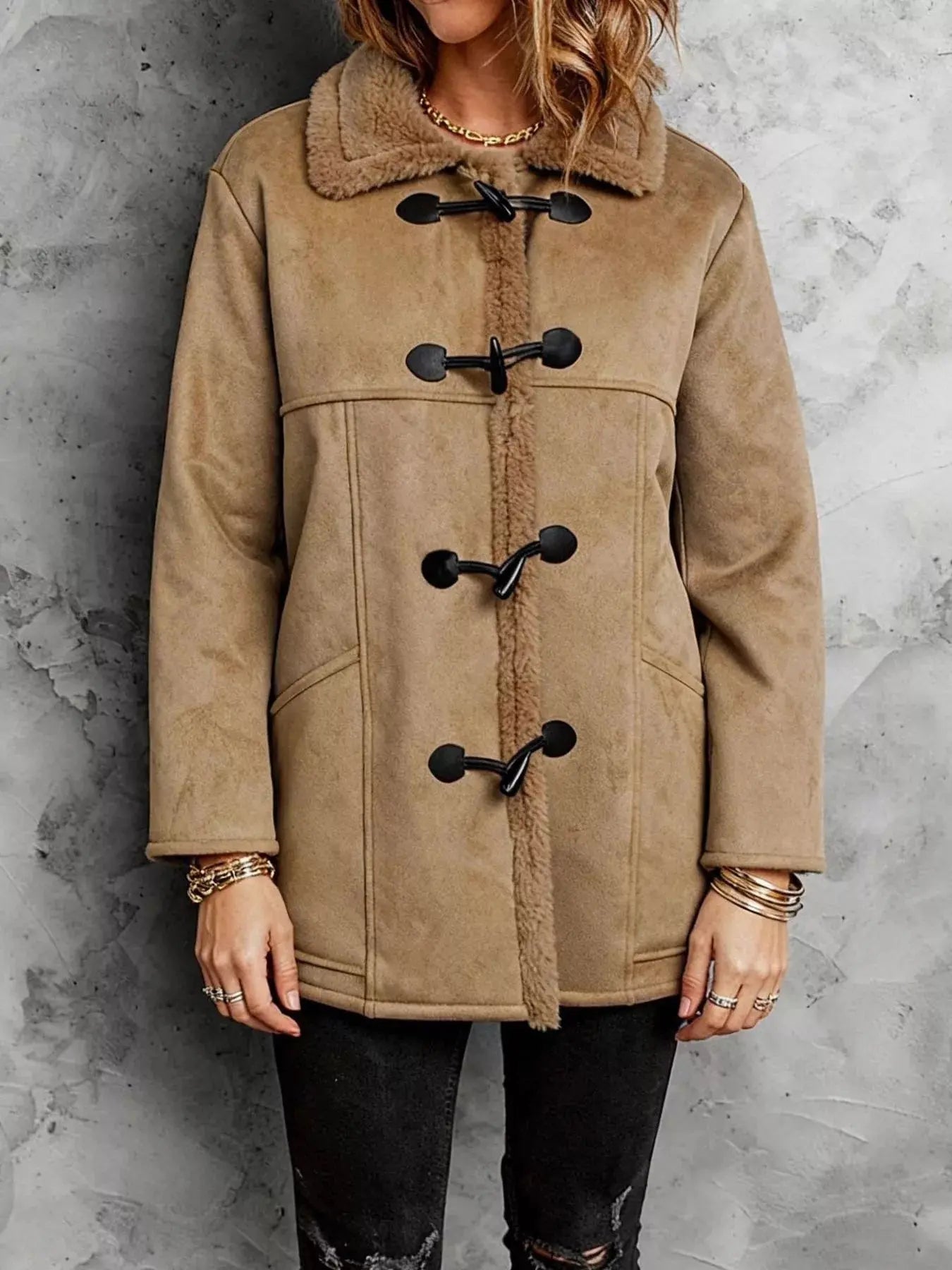 Faux Suede Sherpa Lined Toggle Coat Simply Love