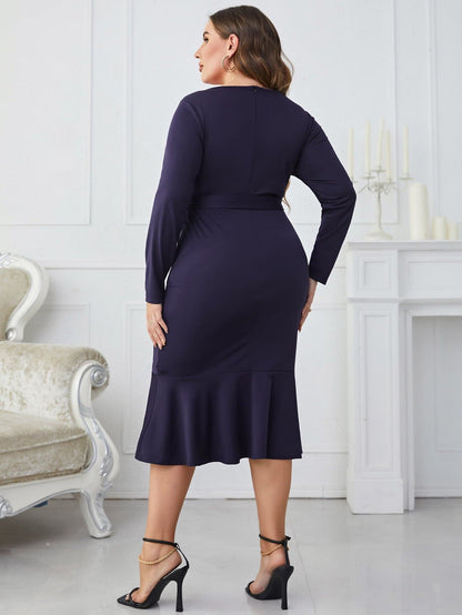 Melo Apparel Plus Size Buttoned Round Neck Tie Belt Midi Dress.