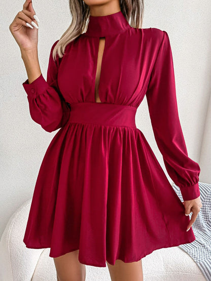 Cutout Turtleneck A-Line Mini Dress.