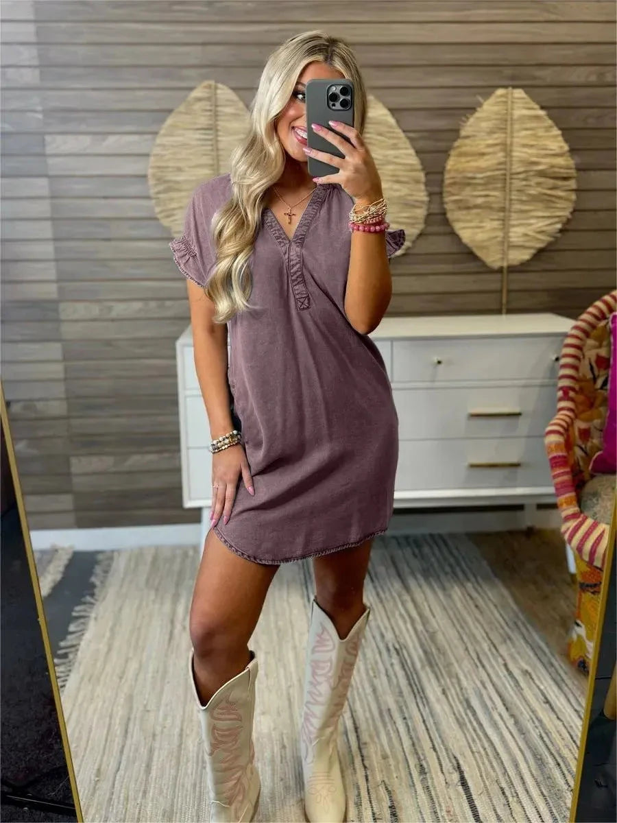 Full Size V-Neck Short Sleeve Denim Dress Plus Size Coco’s Tee Boutique
