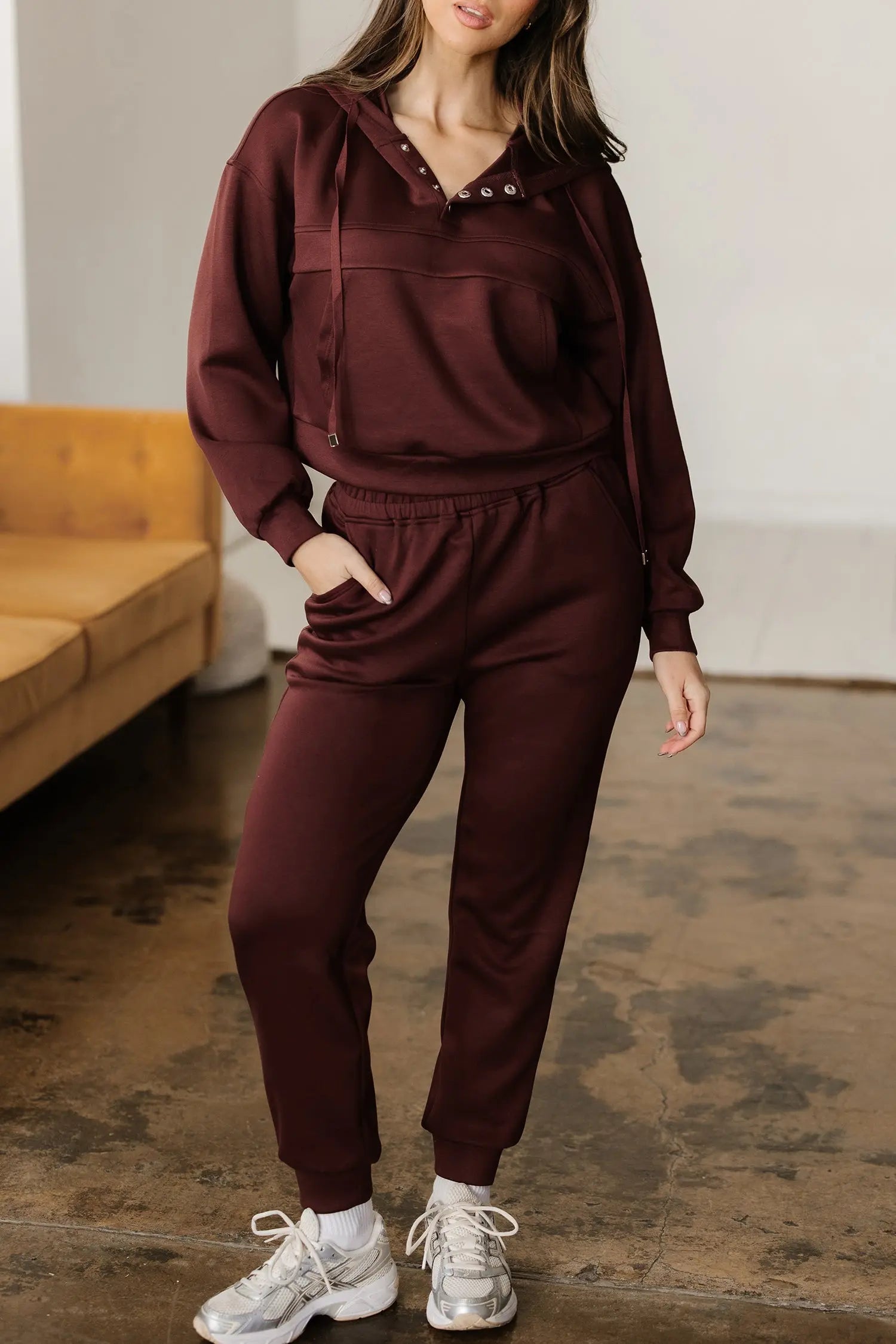 Chicory Coffee Button Drawstring Cropped Hoodie Jogger 2pcs Set Dear-Lover Dropshipping