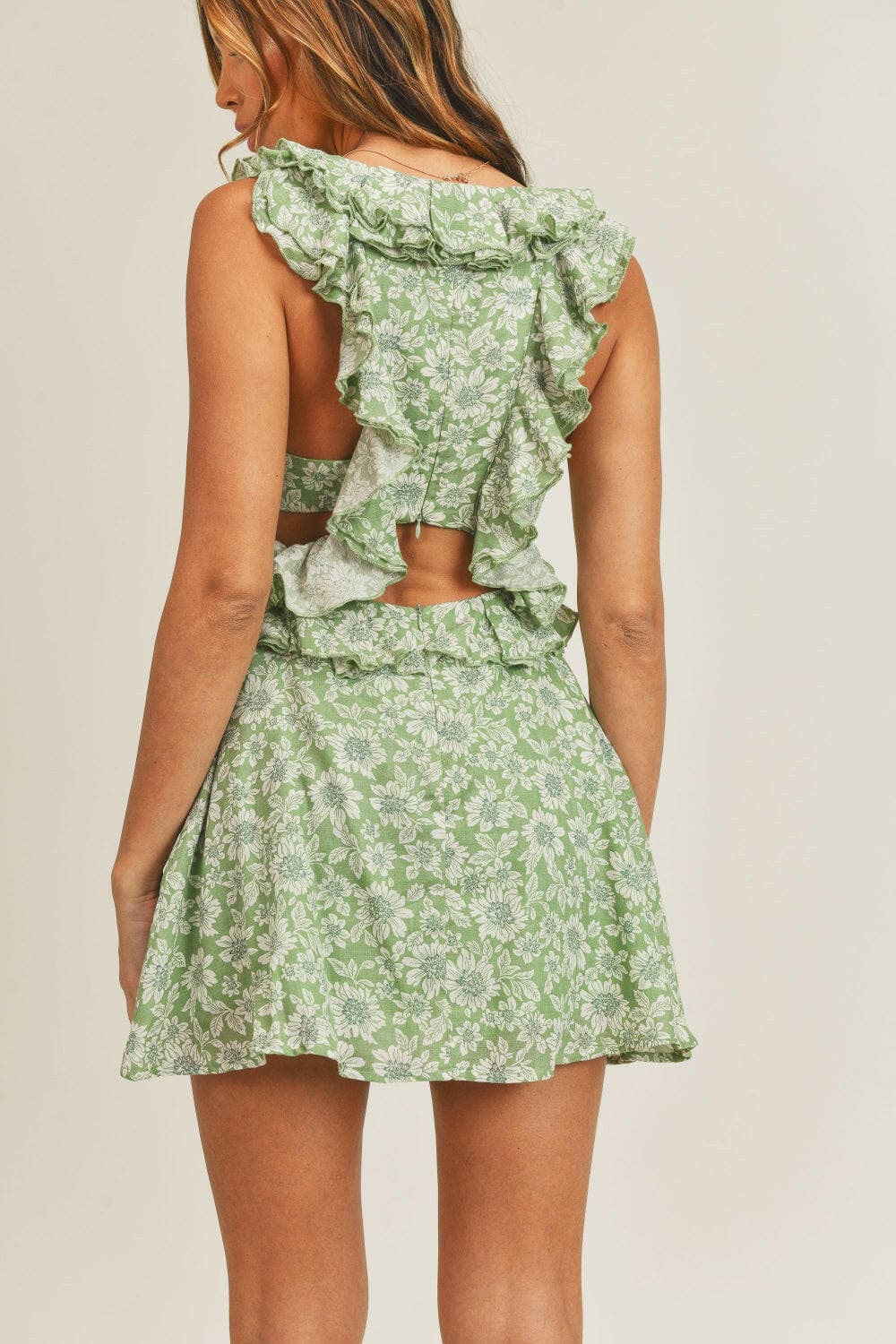 MABLE Floral Side Cutout Ruffled Mini Dress.