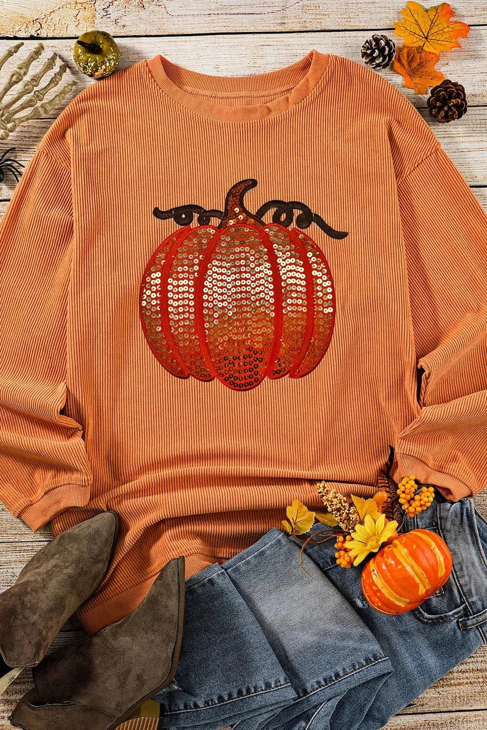 Sequin Pumpkin Round Neck Long Sleeve Sweatshirt.