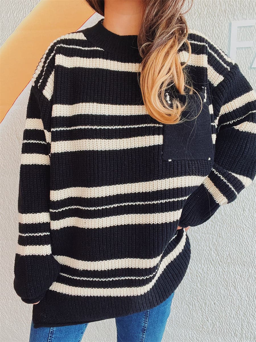 Cozy striped long sleeve sweater with pockets