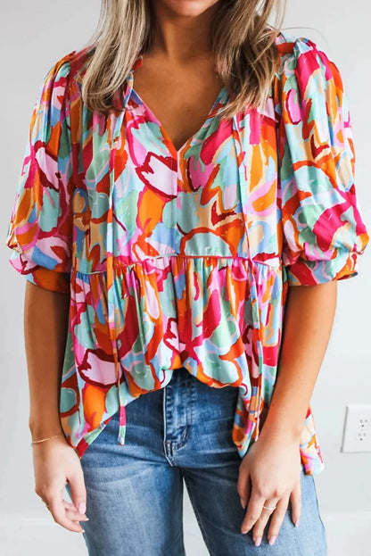 Printed Tie Neck Half Sleeve Blouse.