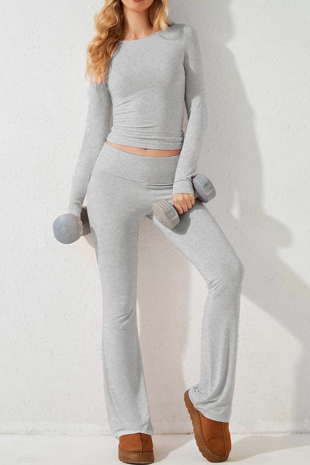 Round Neck Long Sleeve Top and Pants Set.