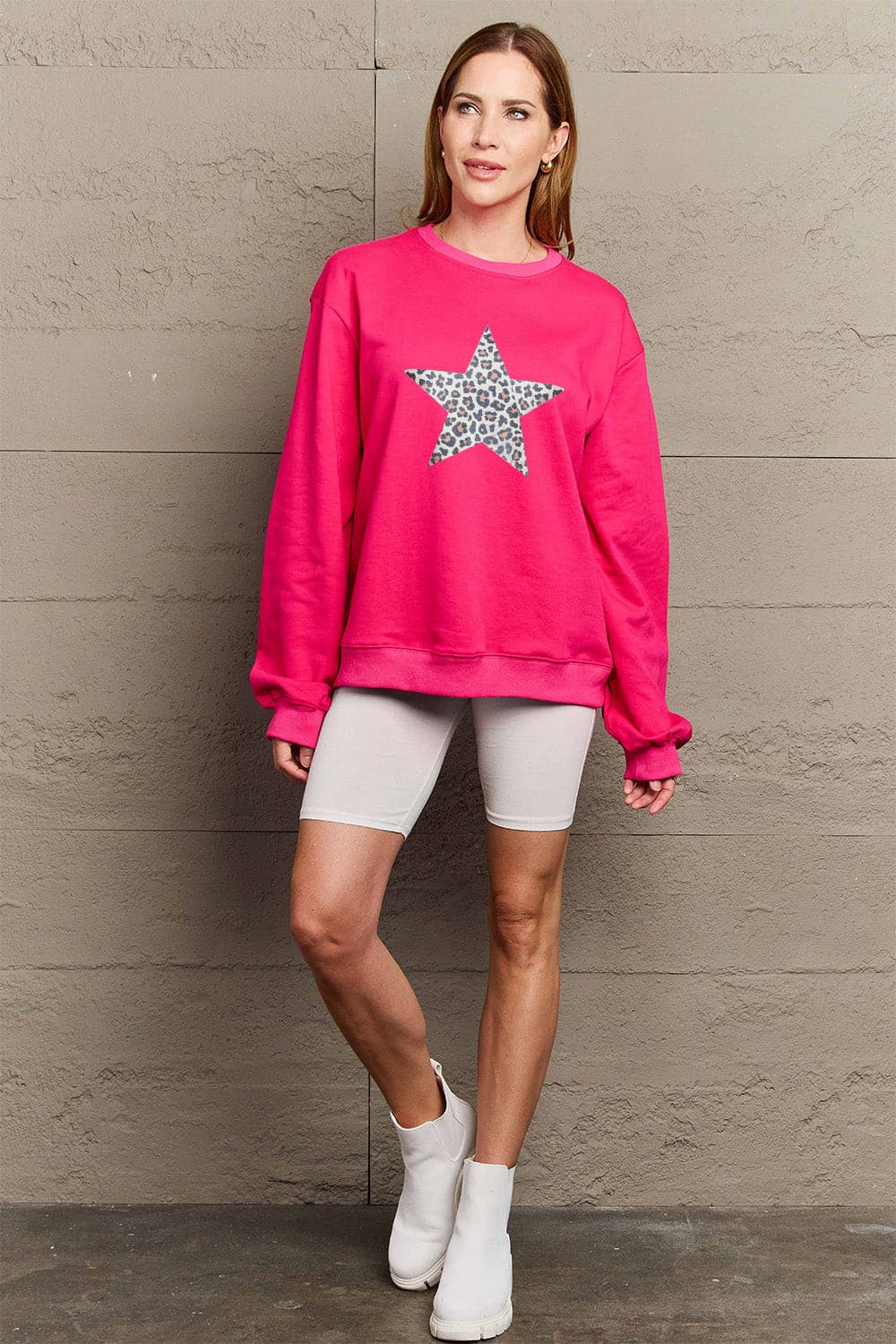 Simply Love Full Size Leopard Star Graphic Sweatshirt.