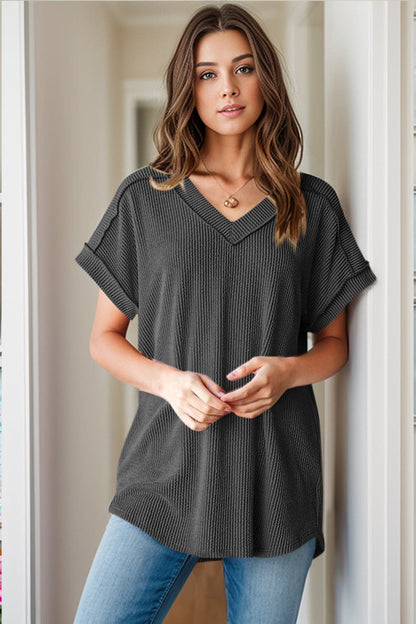 Textured V-Neck Short Sleeve Top.