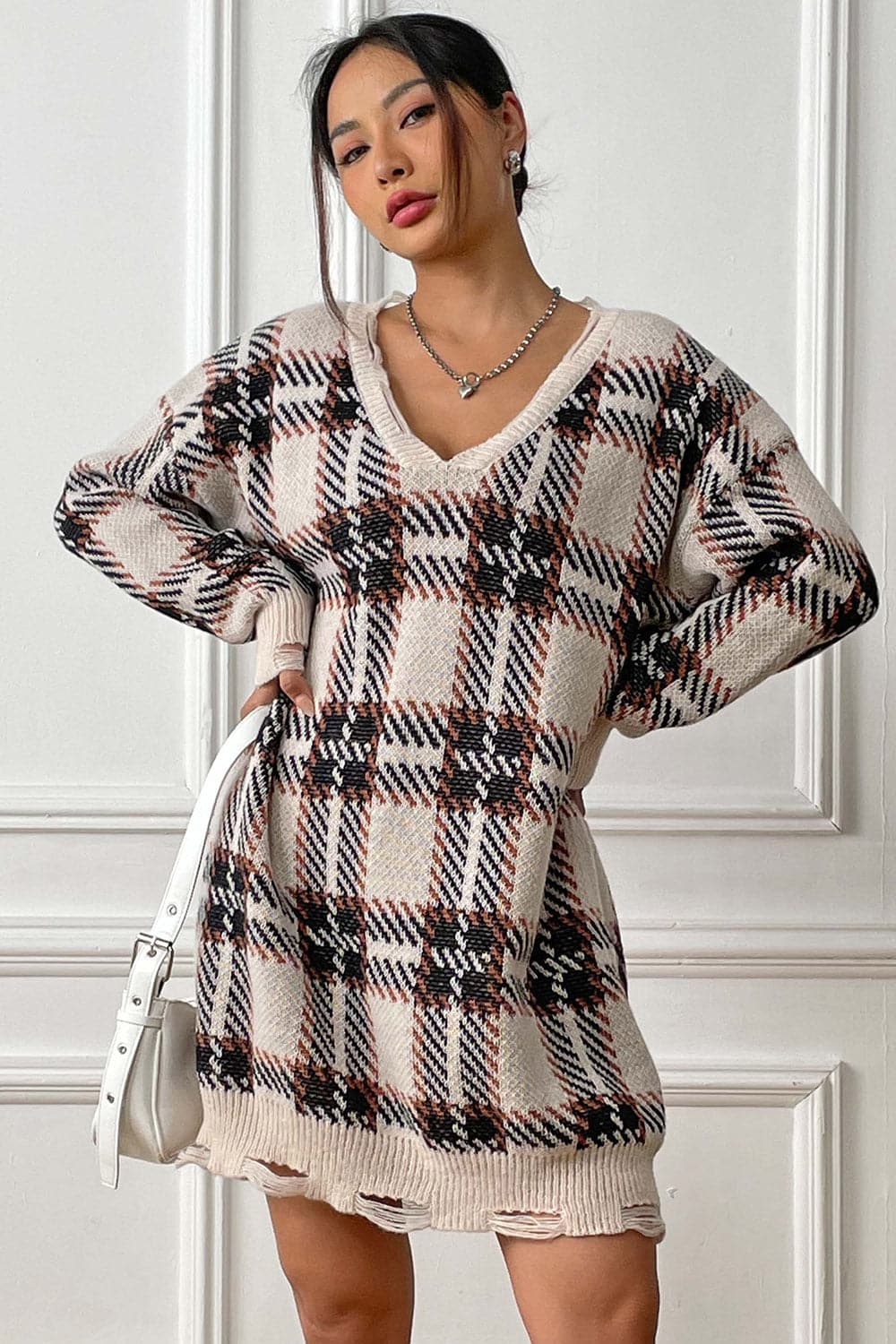 Plaid V-Neck Long Sleeve Sweater Dress.