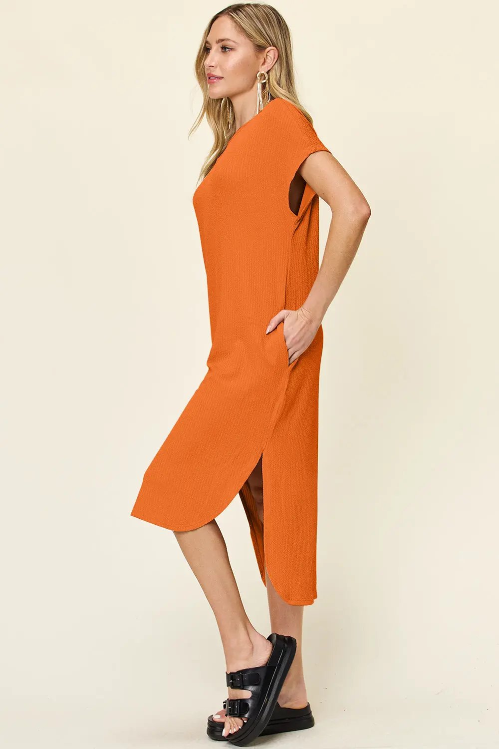 Double Take Full Size Round Neck Short Sleeve Slit Dress - Love Salve