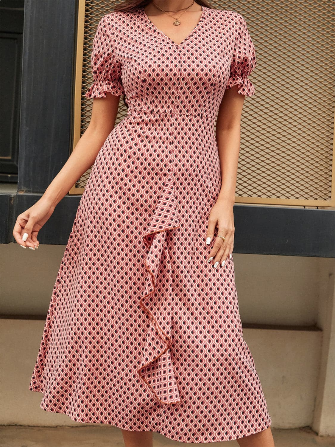 Printed V-Neck Flounce Sleeve Midi Dress.