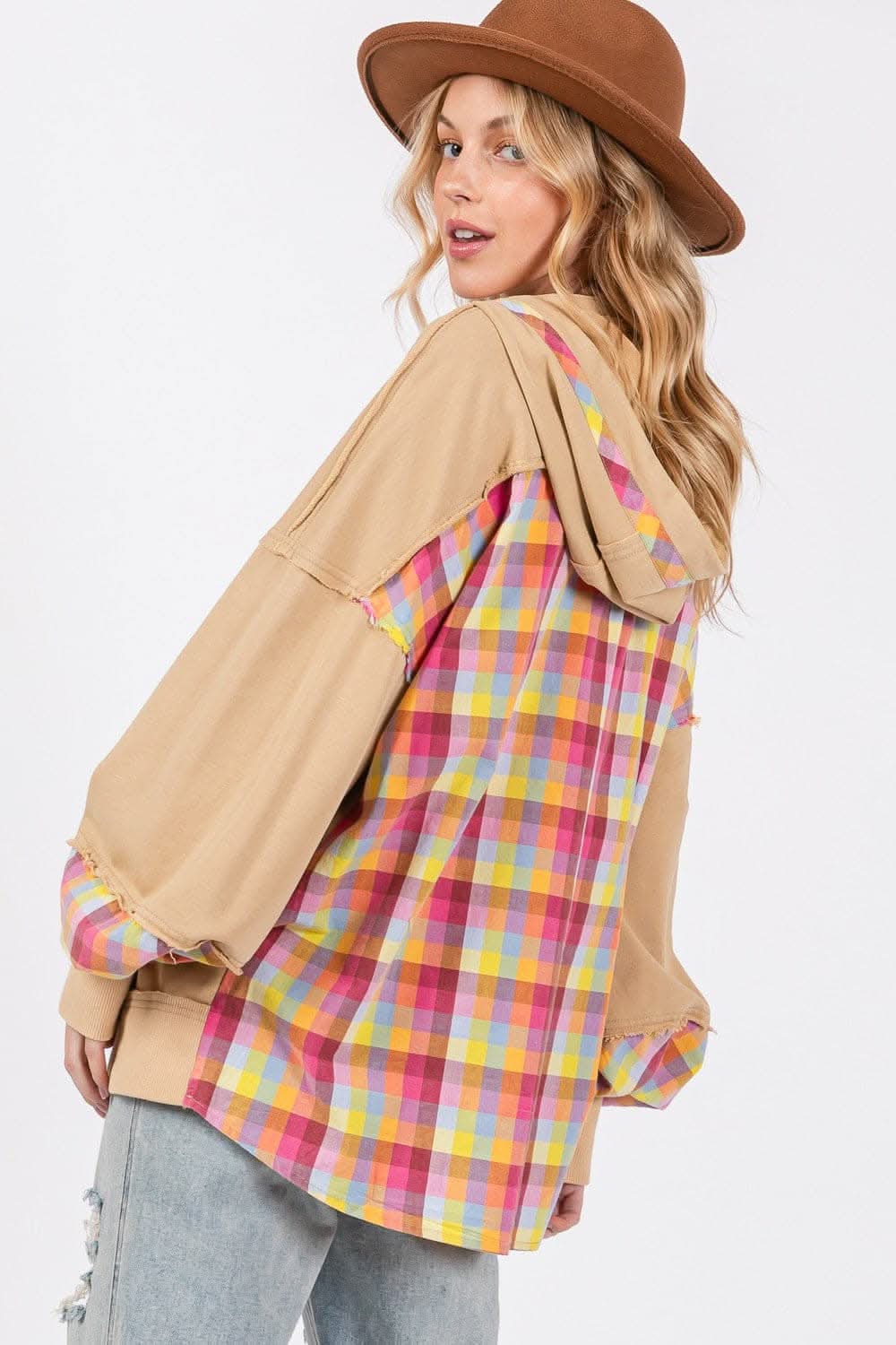 SAGE + FIG Full Size Plaid Print Washed Hoodie - Love Salve 