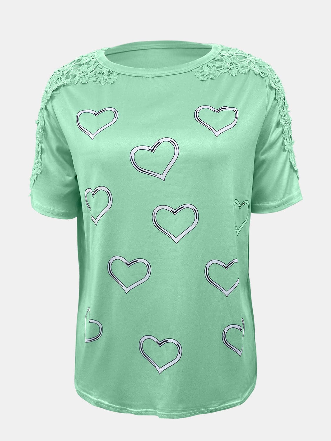 Full Size Lace Detail Heart Round Neck Short Sleeve Top.