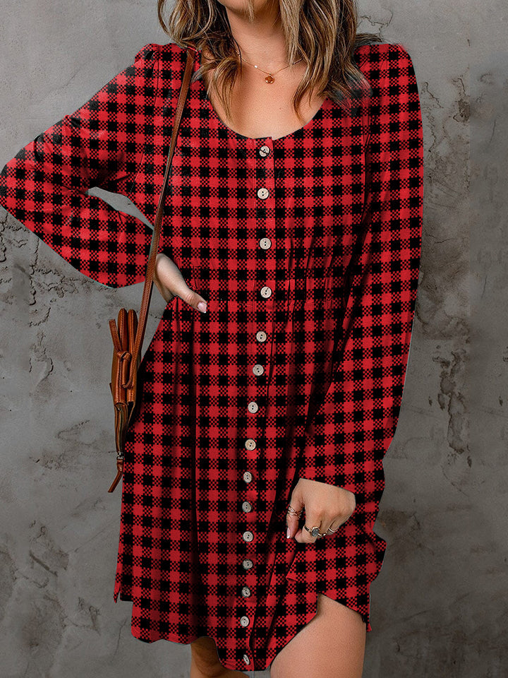 Double Take Full Size Plaid Round Neck Long Sleeve Magic Dress - Love Salve