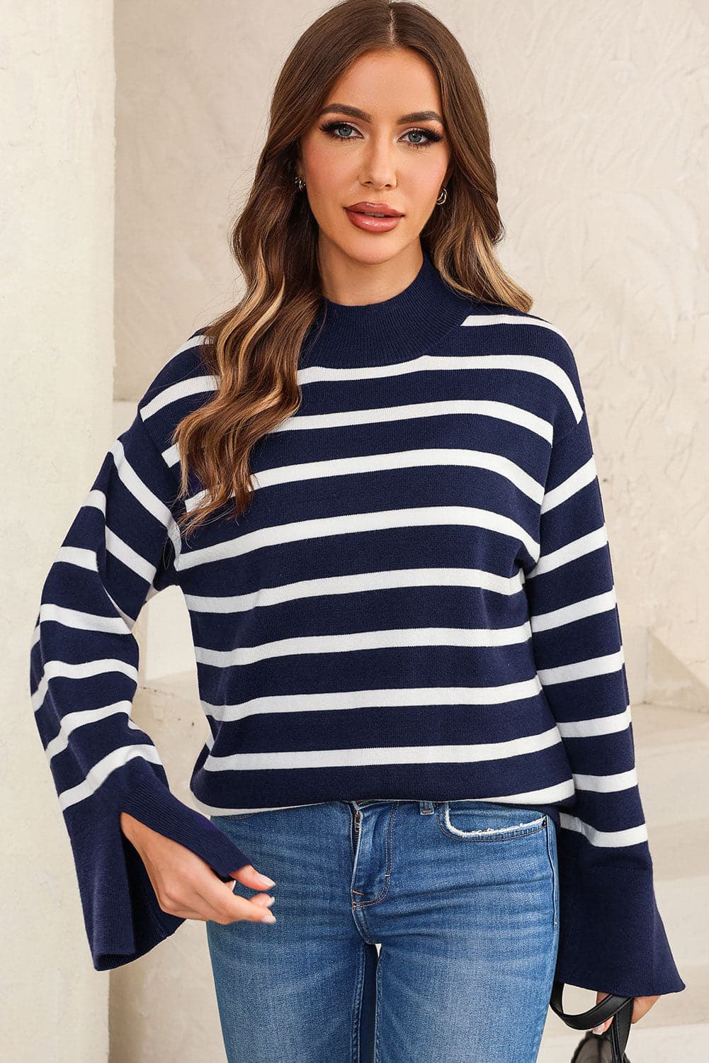 Striped Slit Drop Shoulder Sweater.