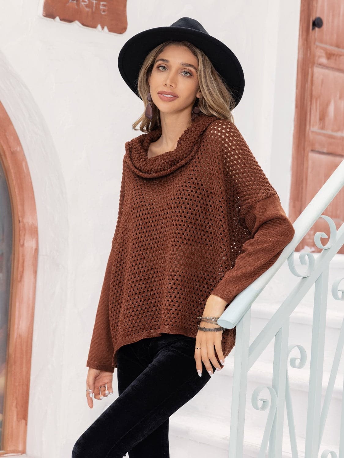 Openwork Mock Neck Dropped Shoulder Sweater.