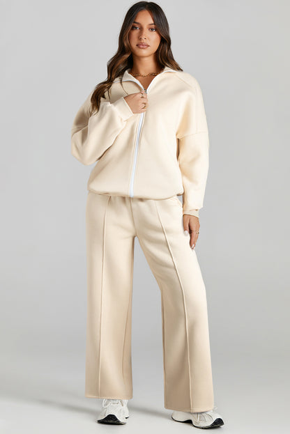 Beige Drop Shoulder Zip Jacket Set 2Pcs Activewear Gear