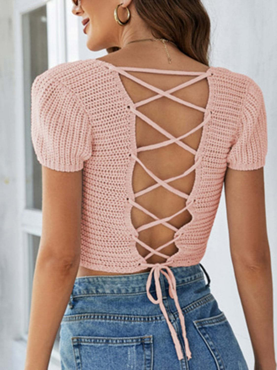 Lace-Up Openwork Square Neck Sweater.