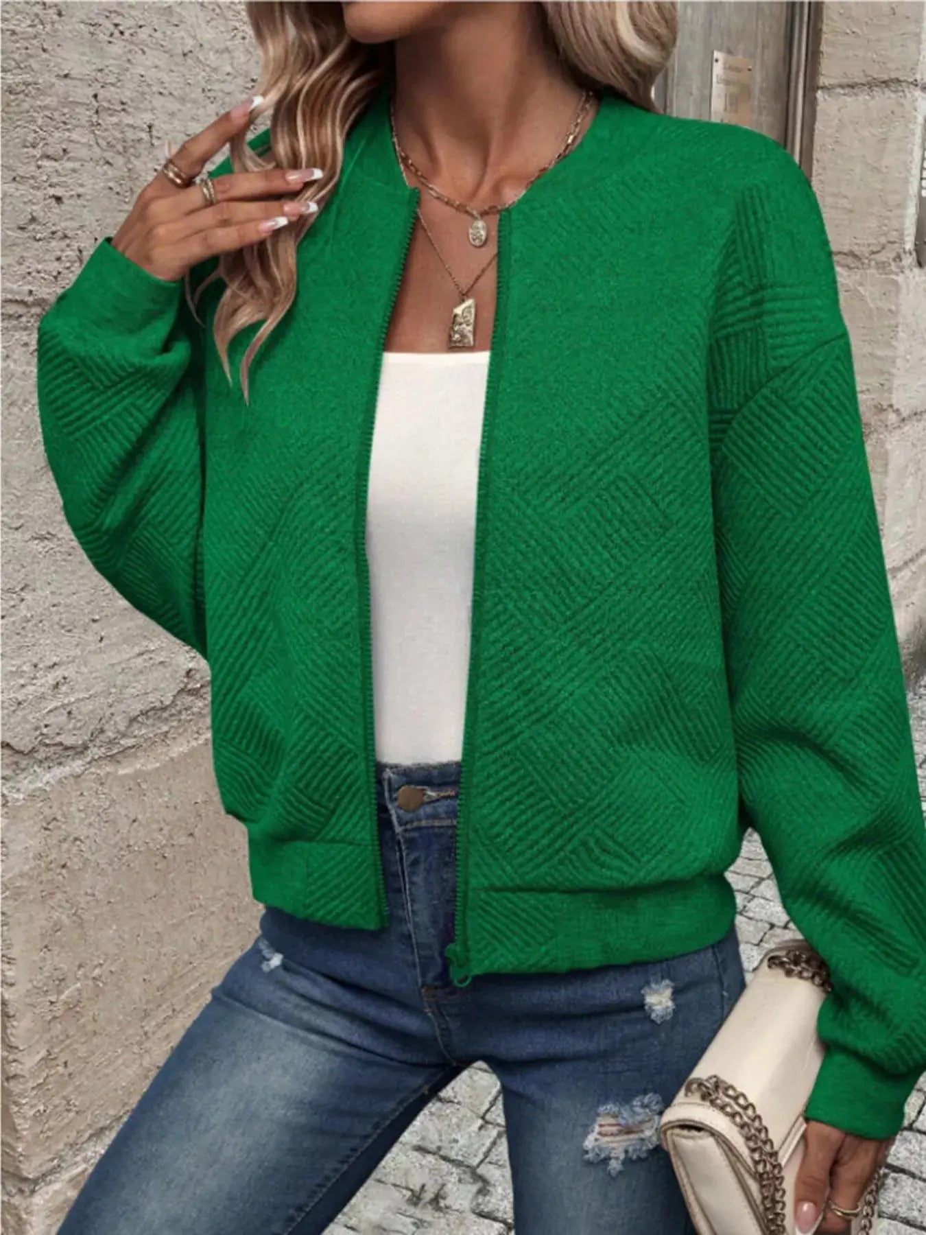 Textured Knit Zip-Up Bomber Jacket Simply Love